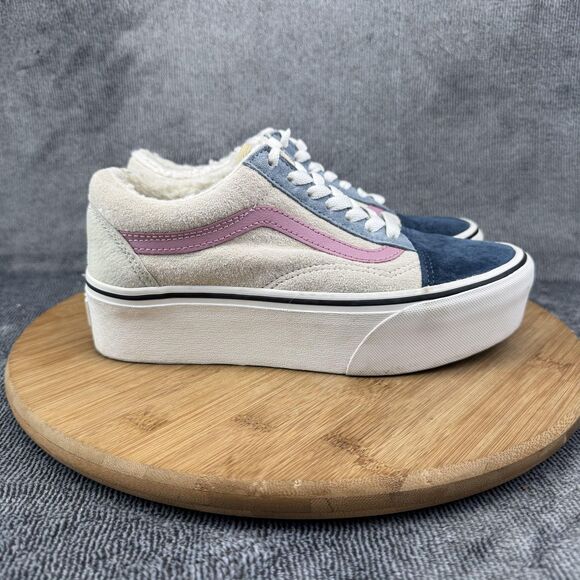 Vans Old Skool Platform Shoes Womens Size 7 Cream Blue Pink Suede Fleece - Picture 1 of 11